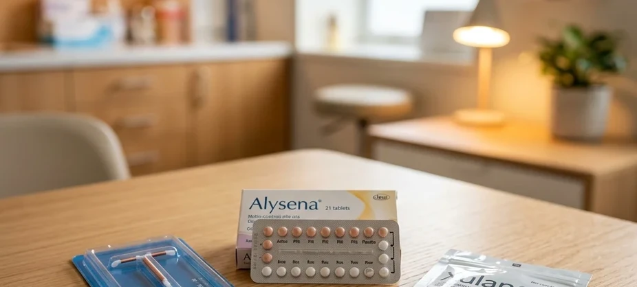 Contraception methods layout including pills, calendar, and anatomical family planning models