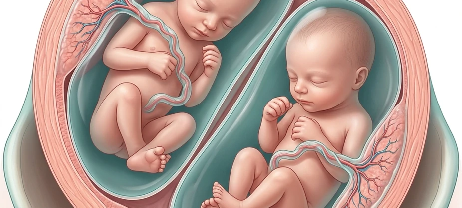 Realistic 3D medical illustration showing twin gestation in separate amniotic sacs within the uterus