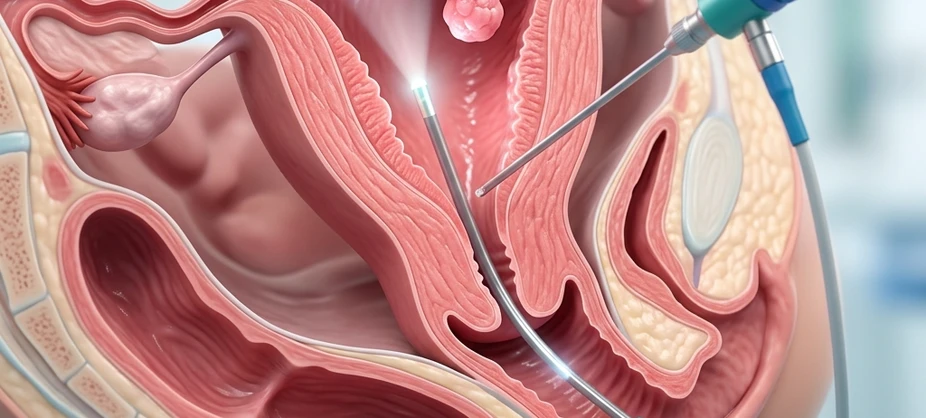 Detailed medical cross-section illustration of hysteroscopy camera evaluating the uterine cavity
