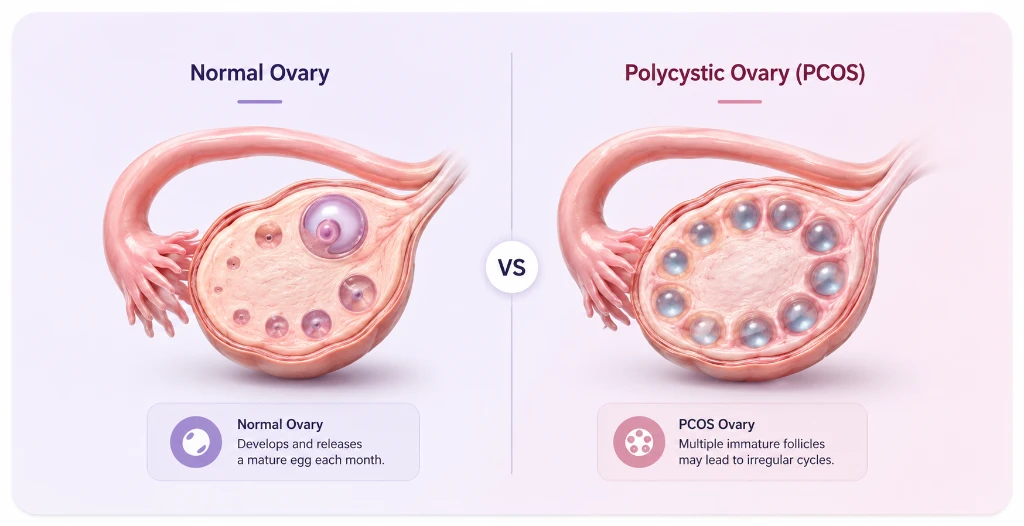 Normal Ovary vs Polycystic Ovary (PCOS) Medical Diagram